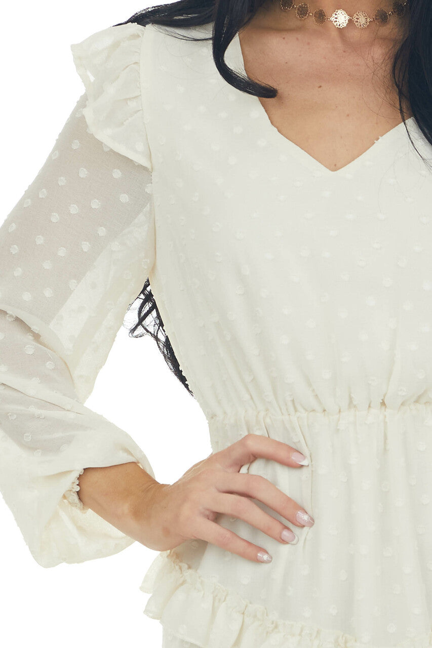 Cream Long Sleeve Ruffle Swiss Dot Dress 
