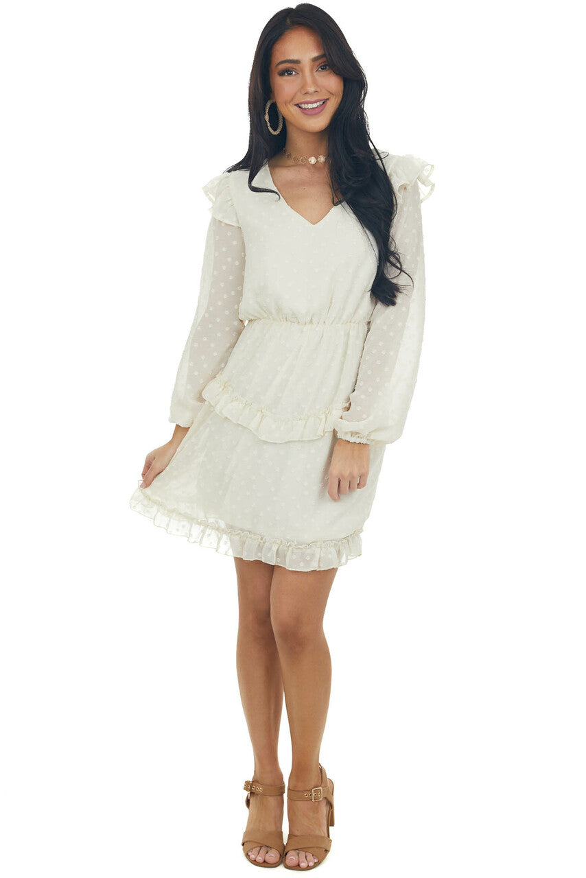 Cream Long Sleeve Ruffle Swiss Dot Dress 