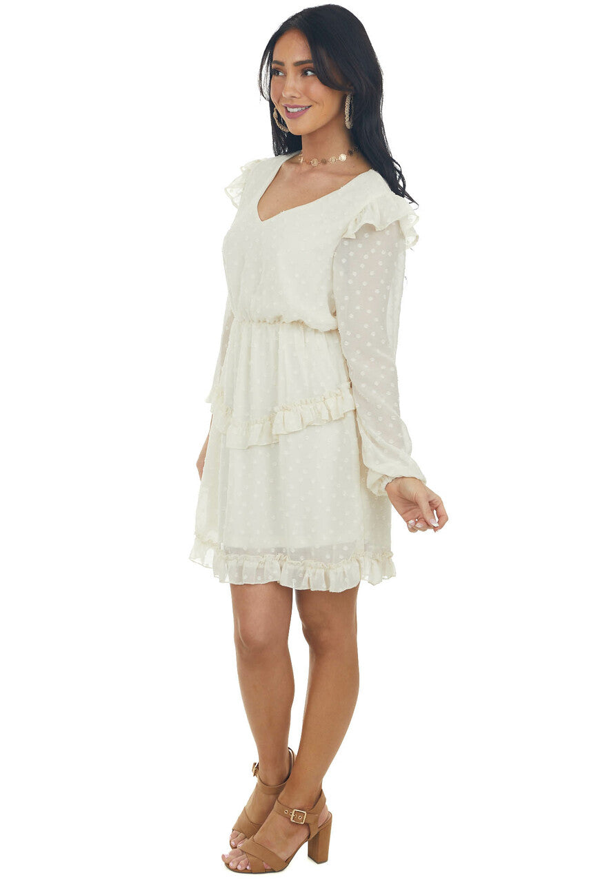 Cream Long Sleeve Ruffle Swiss Dot Dress 