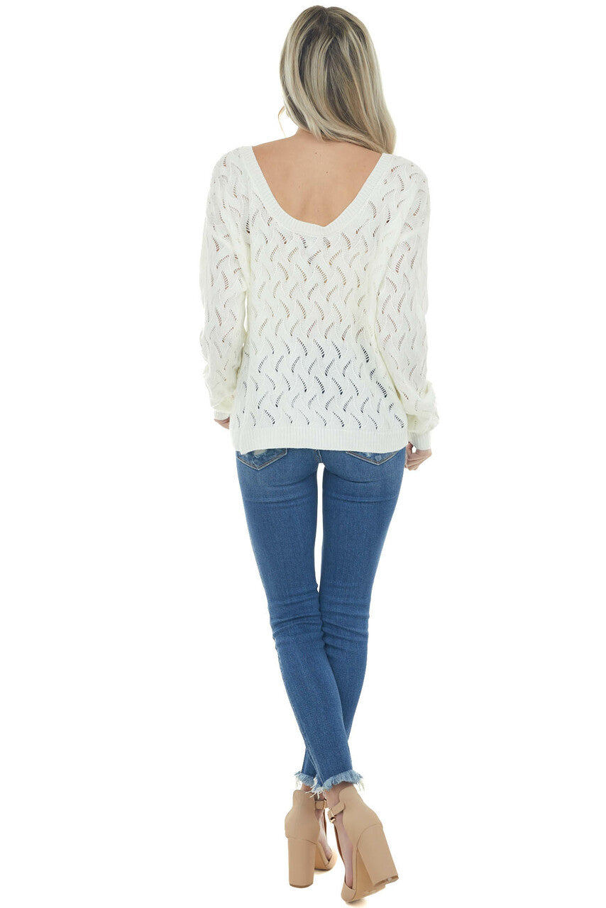 Cream Open Back Pointelle Knit Sweater