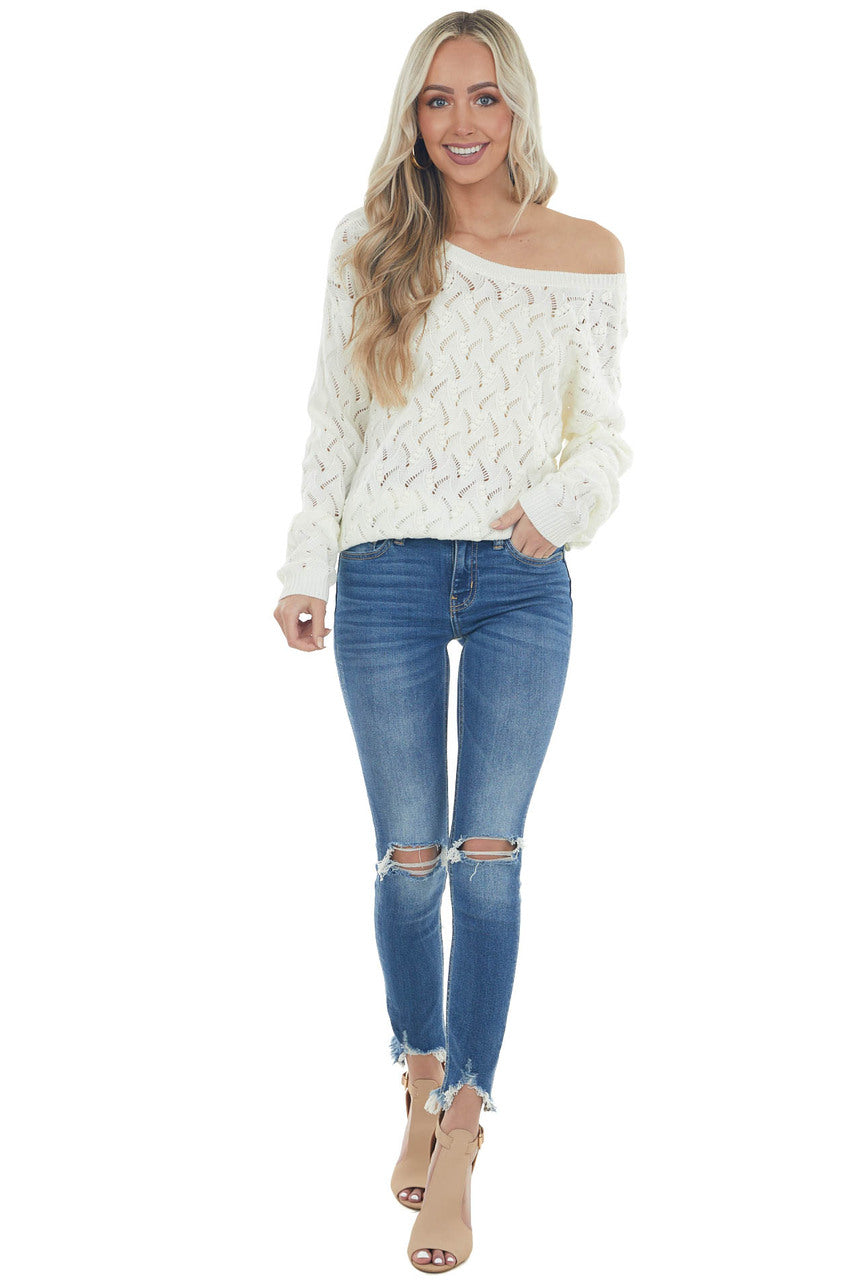 Cream Open Back Pointelle Knit Sweater
