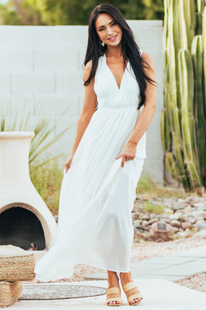 Cream Plunging V Neck Sleeveless Woven Maxi Dress