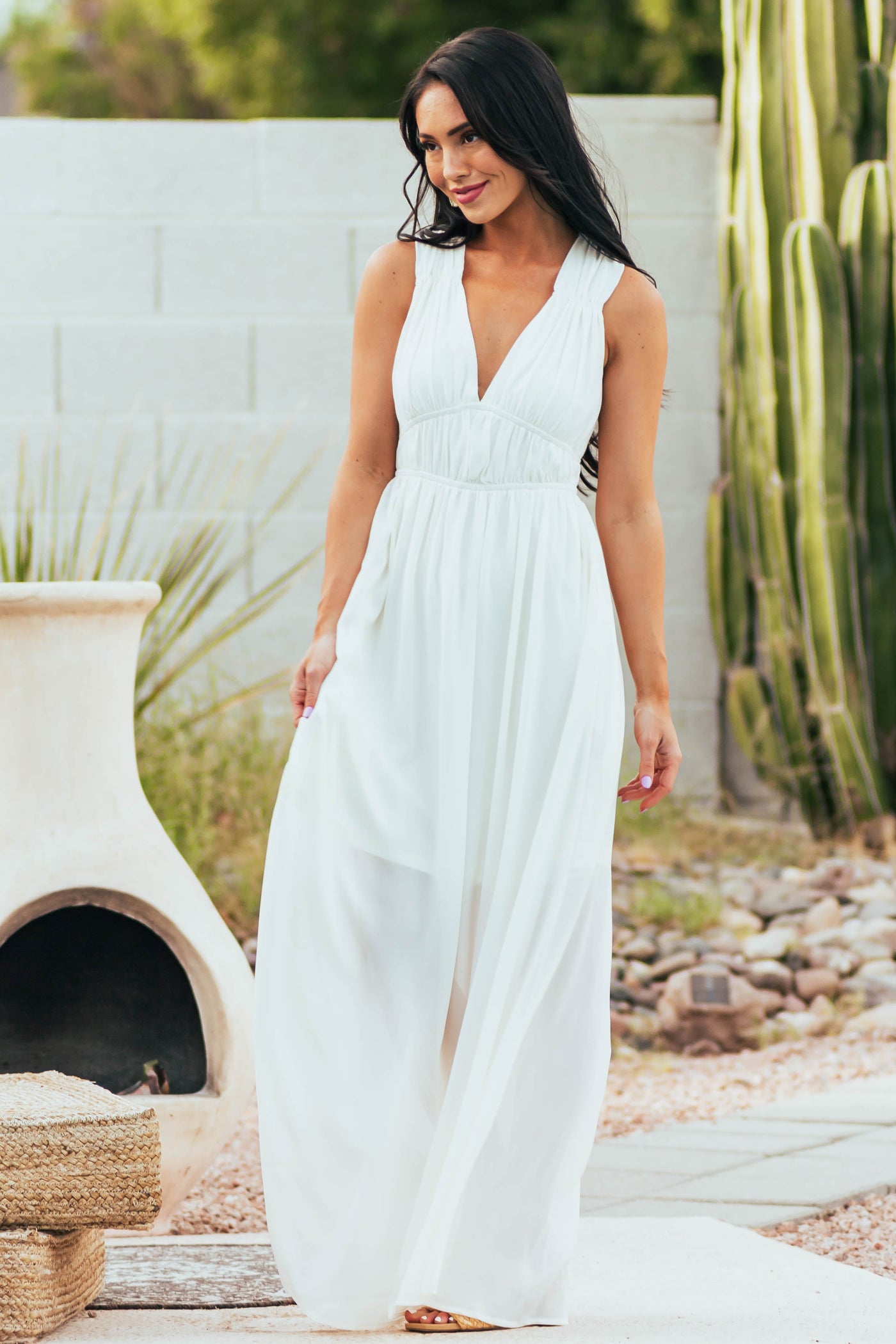 Cream Plunging V Neck Sleeveless Woven Maxi Dress