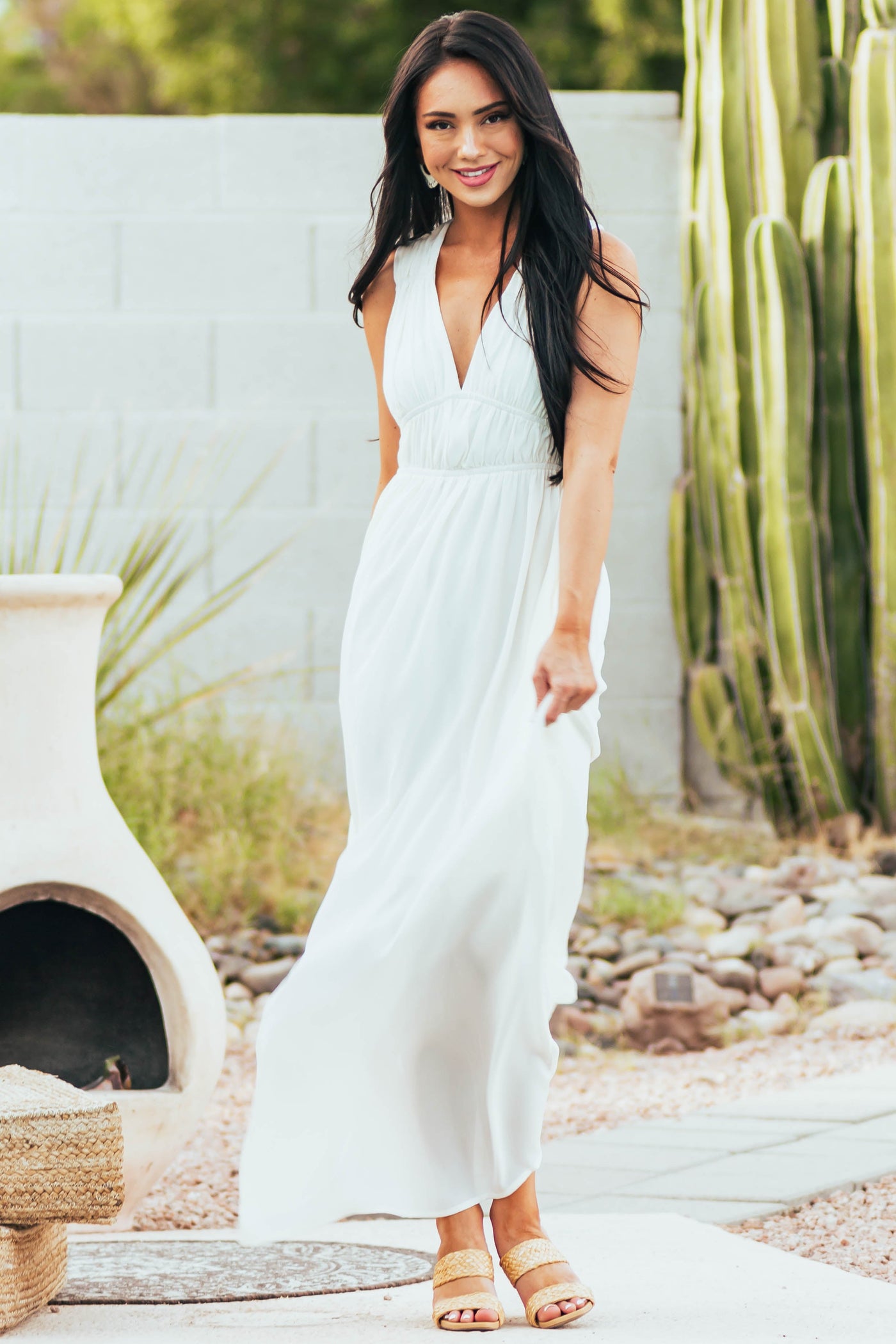 Cream Plunging V Neck Sleeveless Woven Maxi Dress