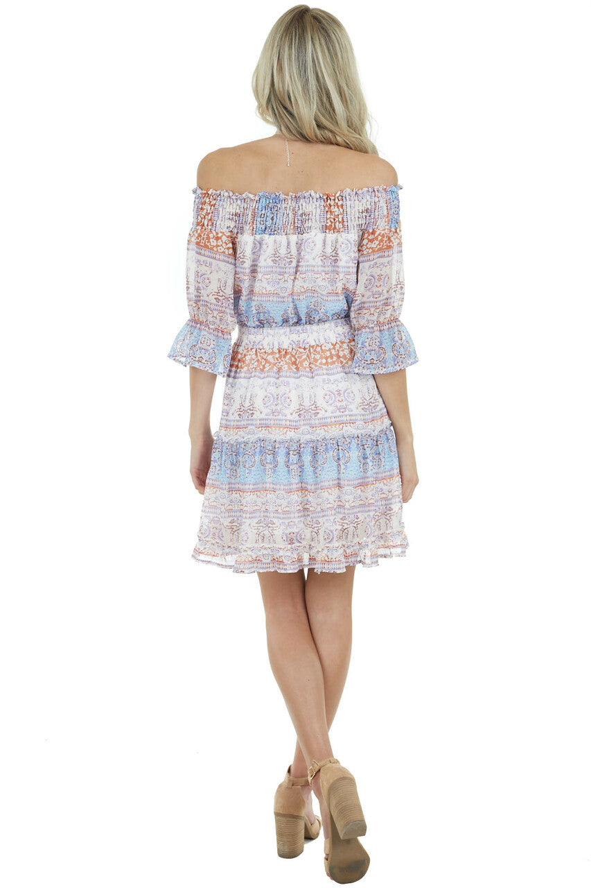 Cream Printed Short Dress with Smocked and Ruffled Detail