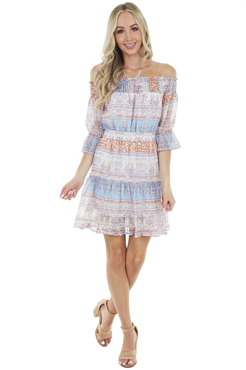 Cream Printed Short Dress with Smocked and Ruffled Detail
