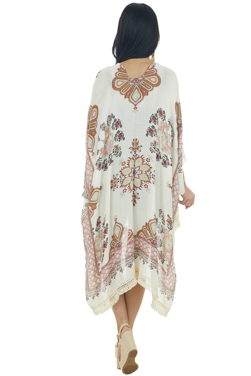 Cream Printed Side Slit Tassel Trim Kimono