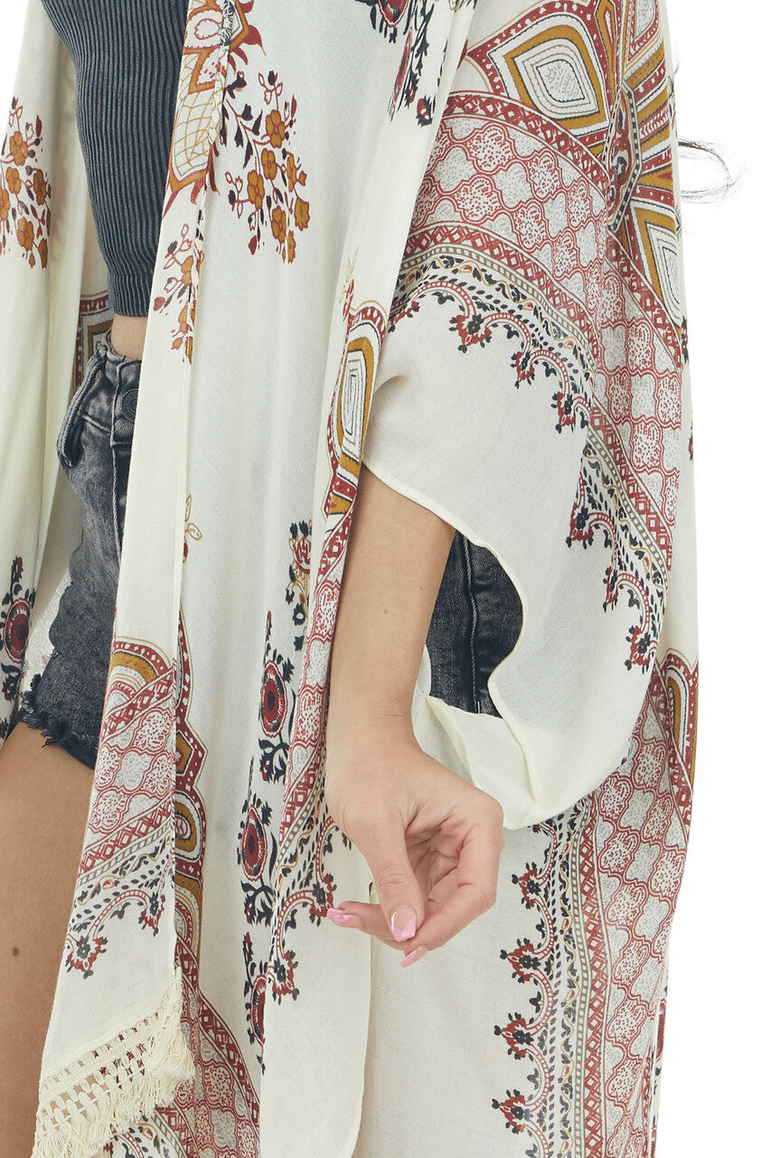 Cream Printed Side Slit Tassel Trim Kimono