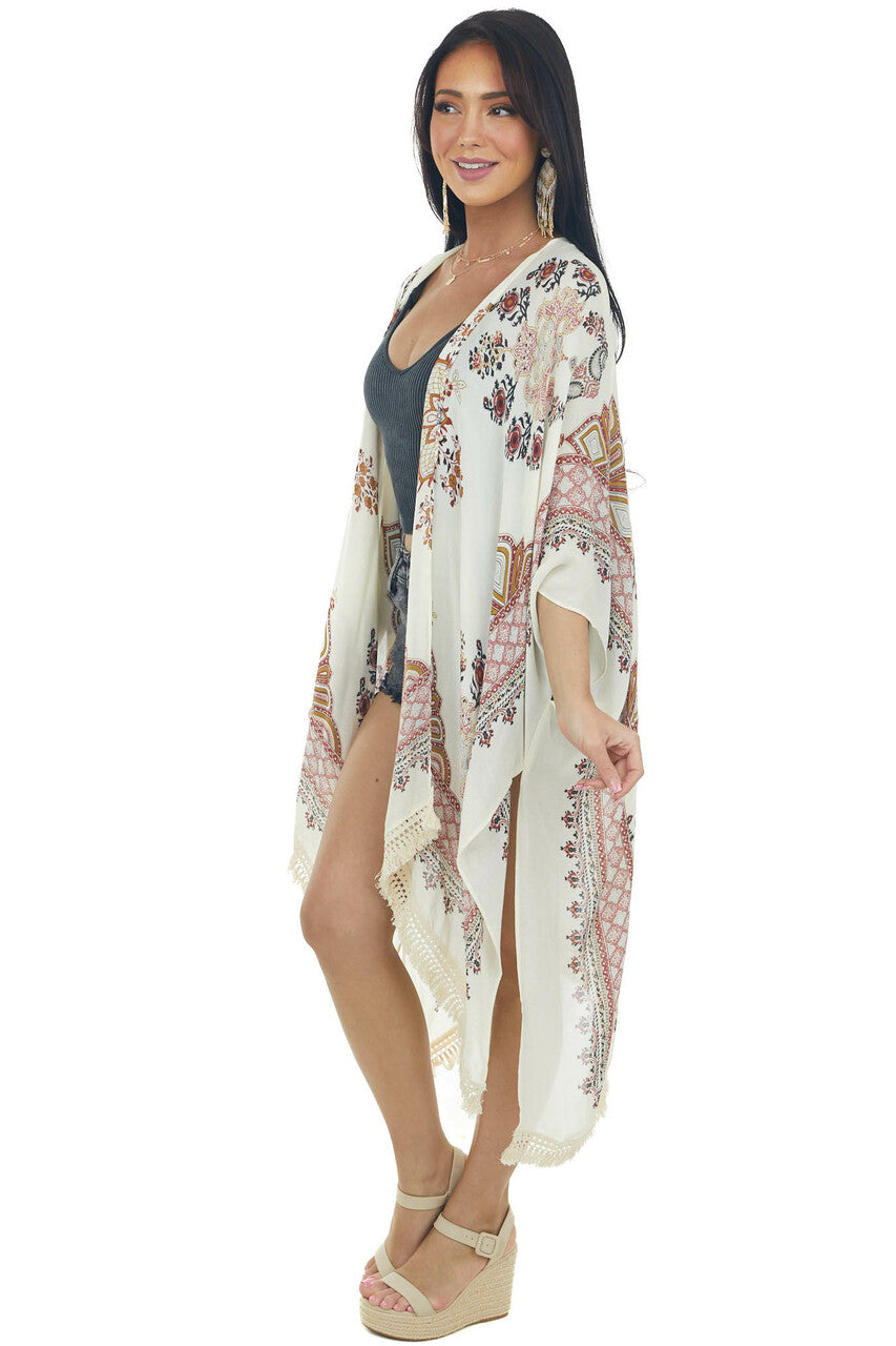 Cream Printed Side Slit Tassel Trim Kimono