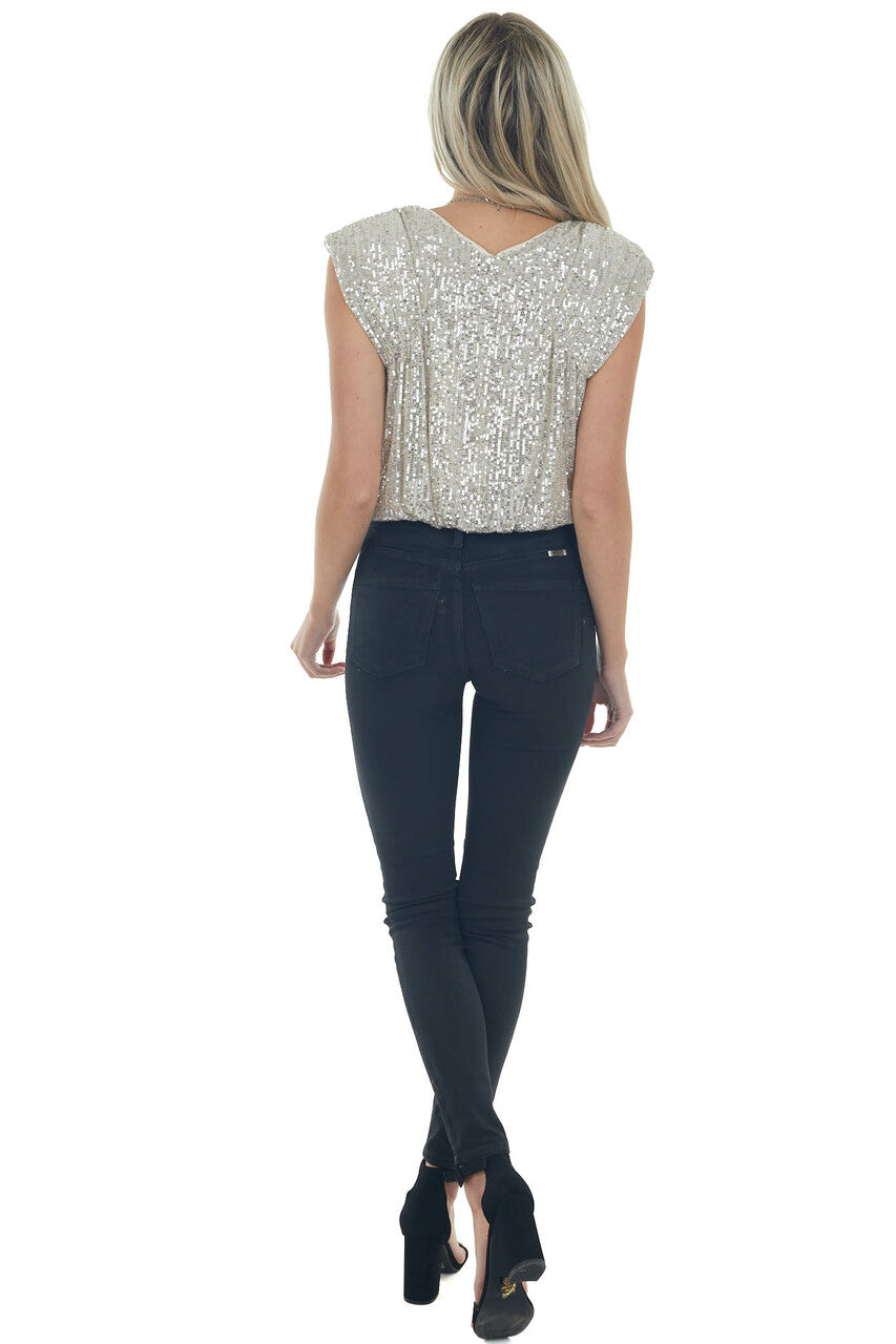 Cream Sequined Surplice Shoulder Pad Bodysuit