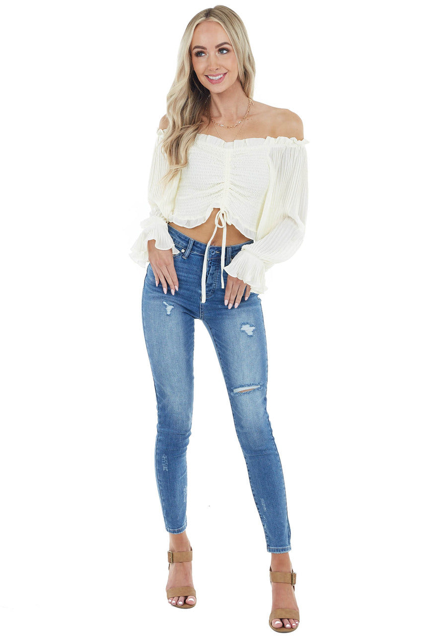 Cream Smocked Crop Top with Long Sheer Bubble Sleeves