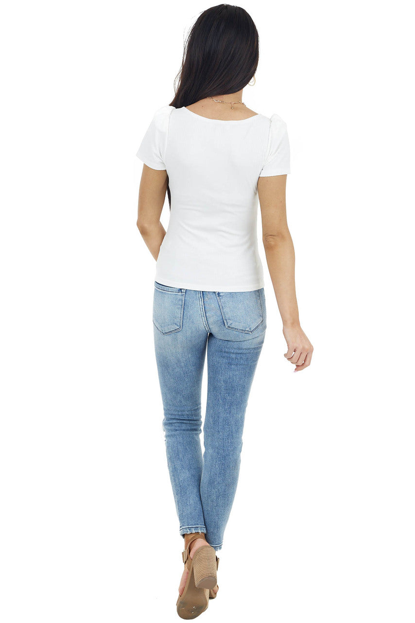 Cream Square Neck Ribbed Knit Top with Short Puff Sleeves