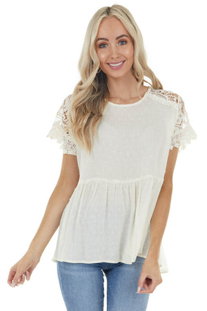 Cream Swiss Dot Woven Top with Lace Short Sleeves