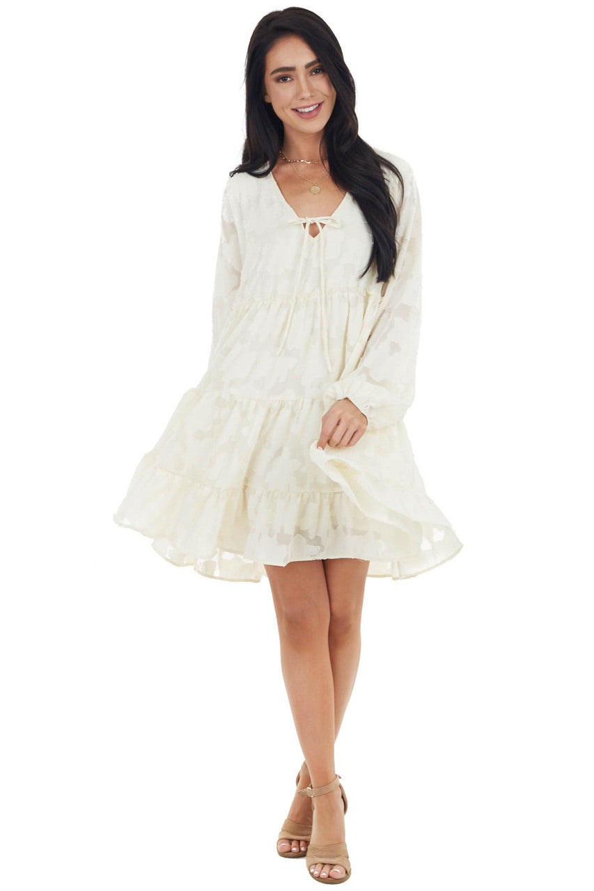 Cream Textured Print Tiered Babydoll Dress with Long Sleeves