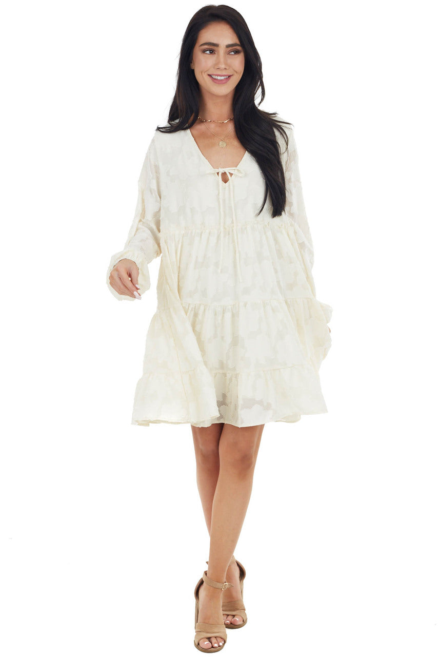 Cream Textured Print Tiered Babydoll Dress with Long Sleeves