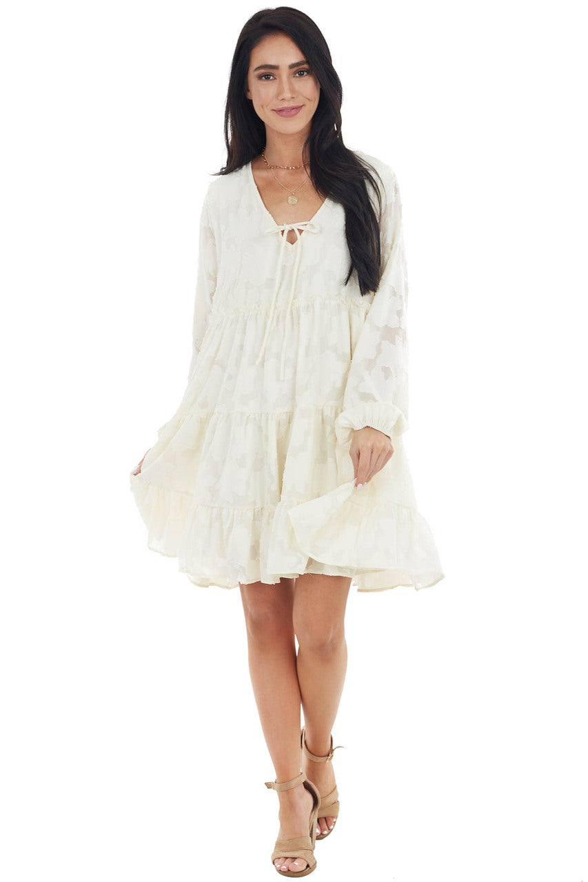 Cream Textured Print Tiered Babydoll Dress with Long Sleeves