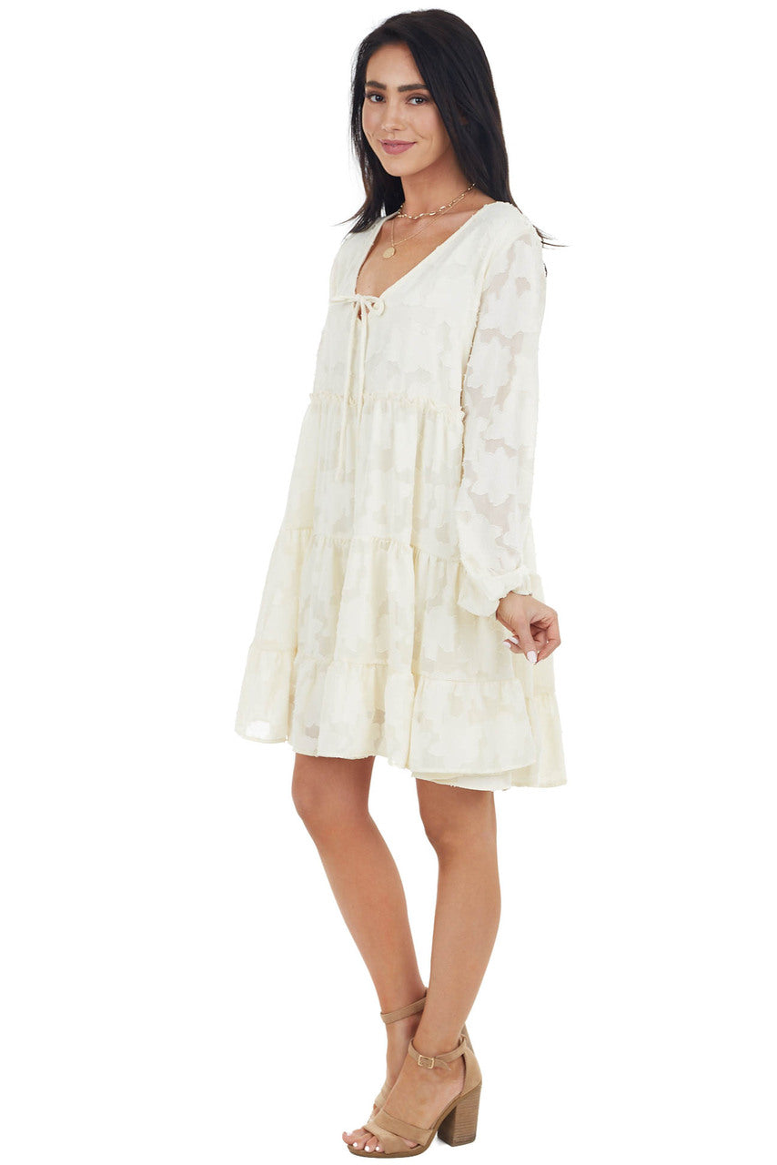 Cream Textured Print Tiered Babydoll Dress with Long Sleeves