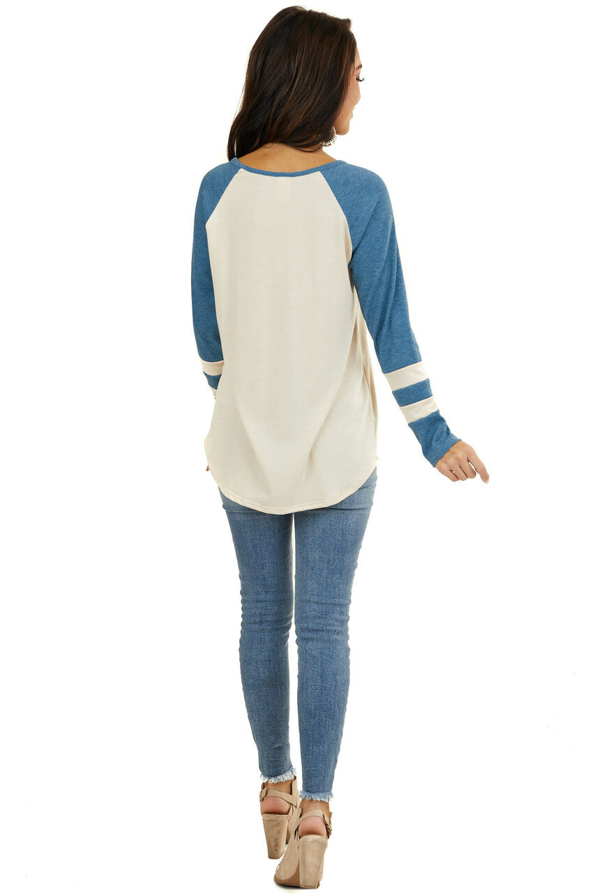 Cream Top with Ocean Waffle Knit Contrast Sleeves