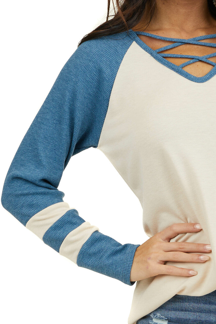 Cream Top with Ocean Waffle Knit Contrast Sleeves