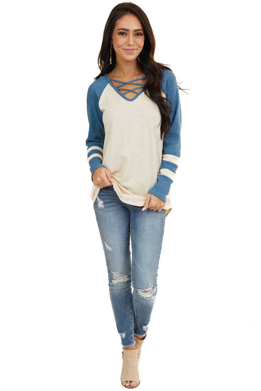 Cream Top with Ocean Waffle Knit Contrast Sleeves