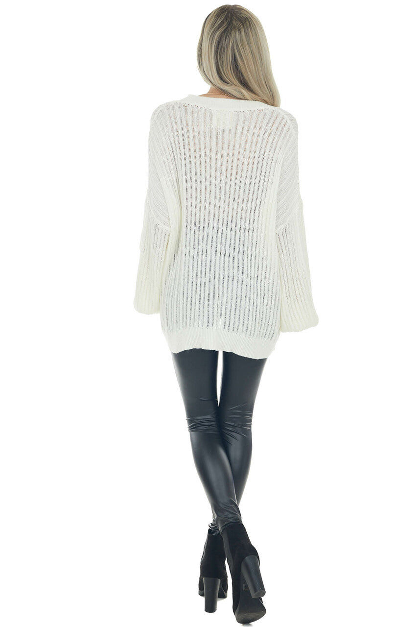 Cream V Neck Long Sleeve Ribbed Knit Sweater