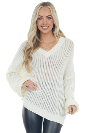 Cream V Neck Long Sleeve Ribbed Knit Sweater