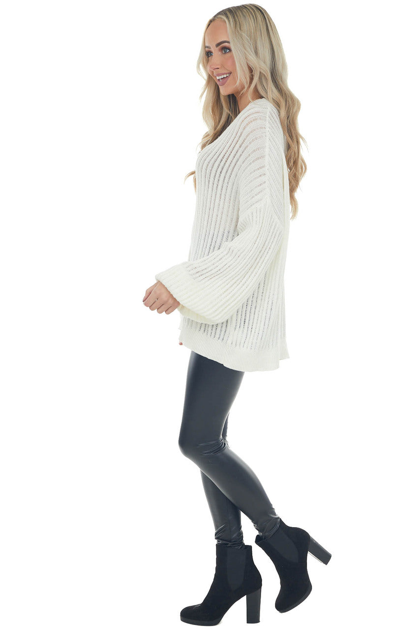 Cream V Neck Long Sleeve Ribbed Knit Sweater