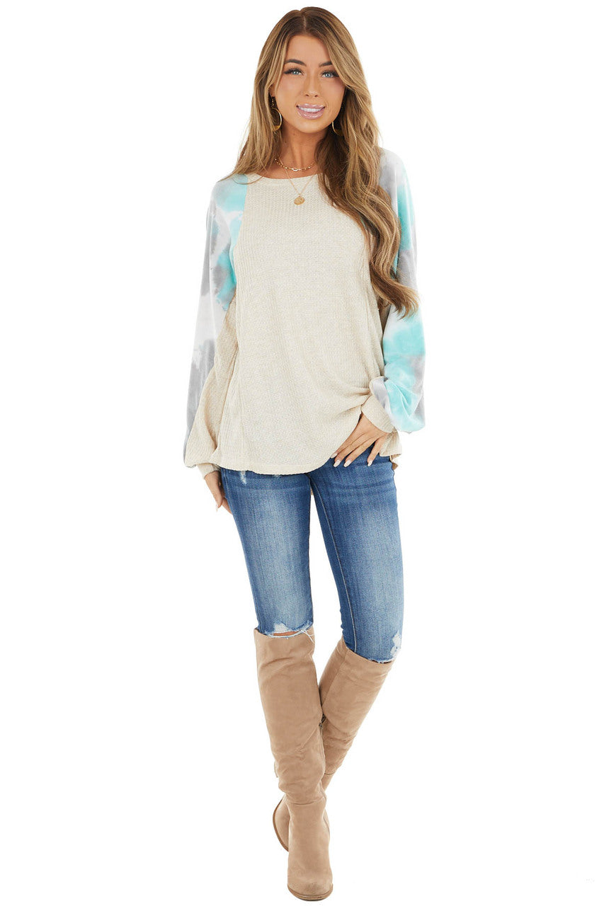 Cream Waffle Knit Long Sleeve Top with Tie Dye Detail 