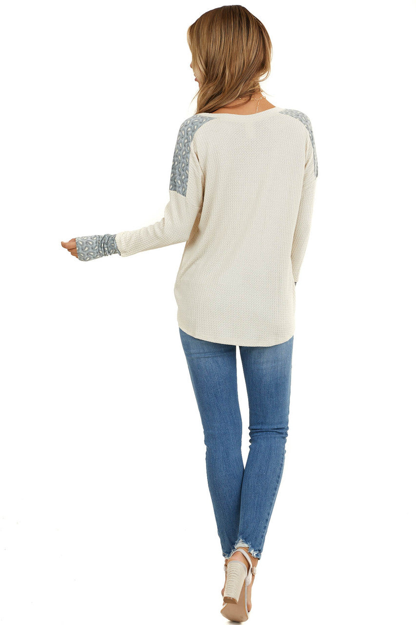Cream Waffle Knit Top with Blue Paisley Contrast Detail 