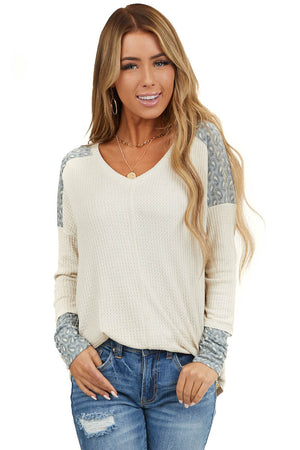 Cream Waffle Knit Top with Blue Paisley Contrast Detail 