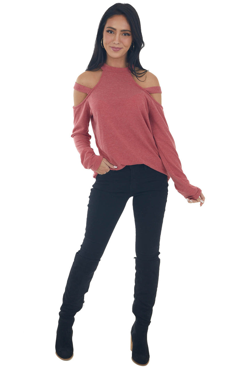 Crimson Cold Shoulder Mock Neck Knit Top