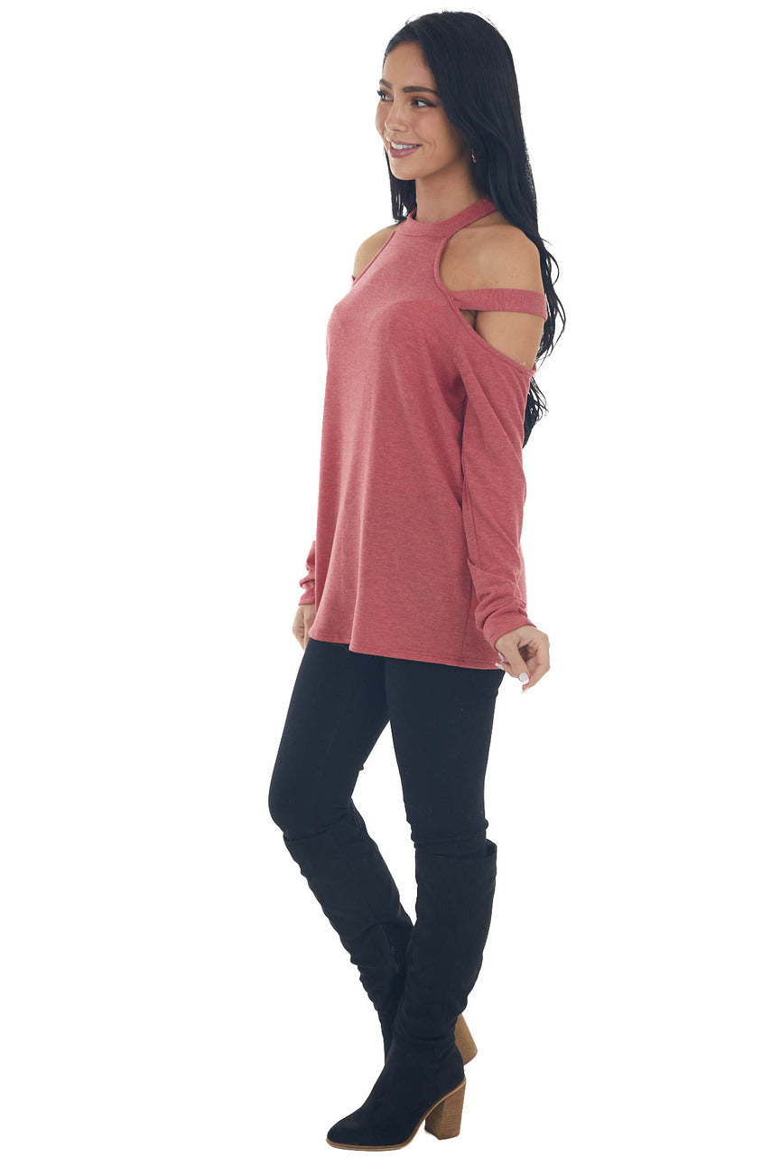 Crimson Cold Shoulder Mock Neck Knit Top