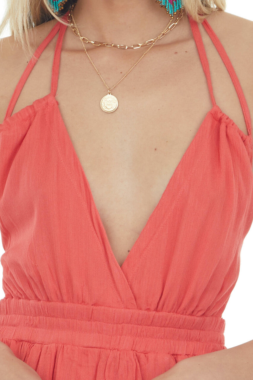 Coral Halter Tie Open Back Woven Mini Dress