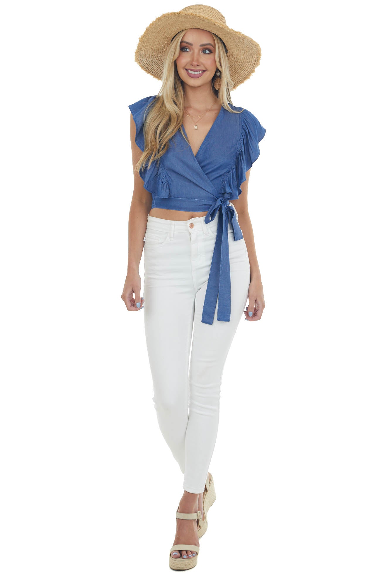Dark Chambray Wrap Style Cropped Blouse 