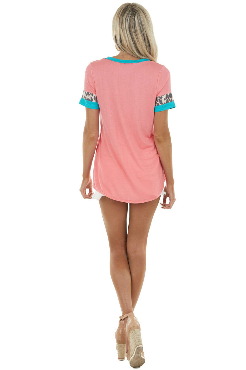 Dark Coral Ringer V Neck Top with Leopard Print Contrast 