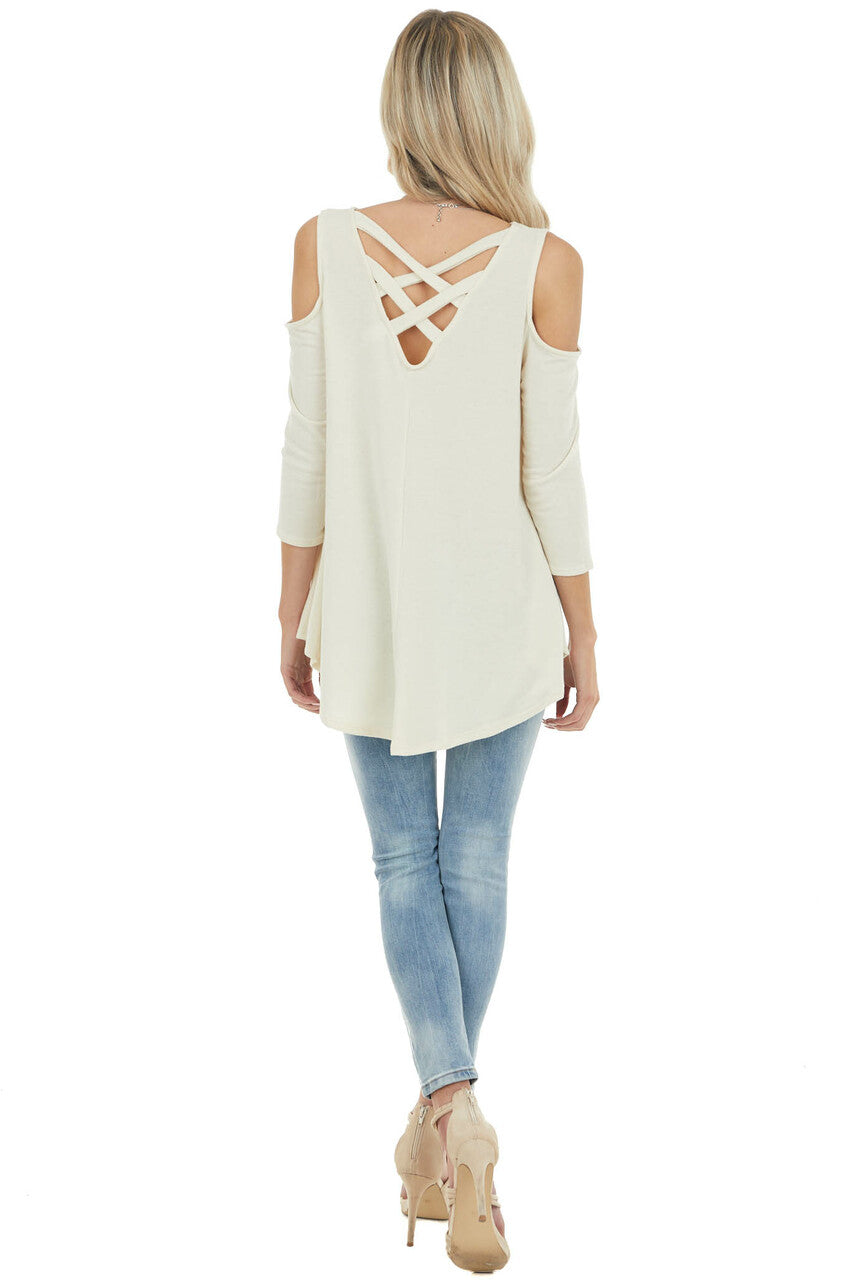 Dark Cream Cold Shoulder Top with Back Criss Cross Detail 