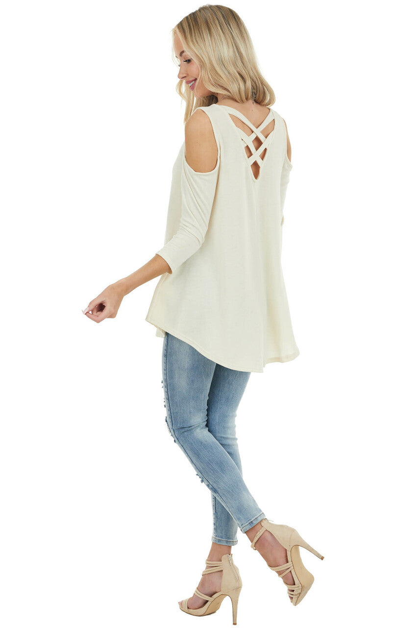Dark Cream Cold Shoulder Top with Back Criss Cross Detail 