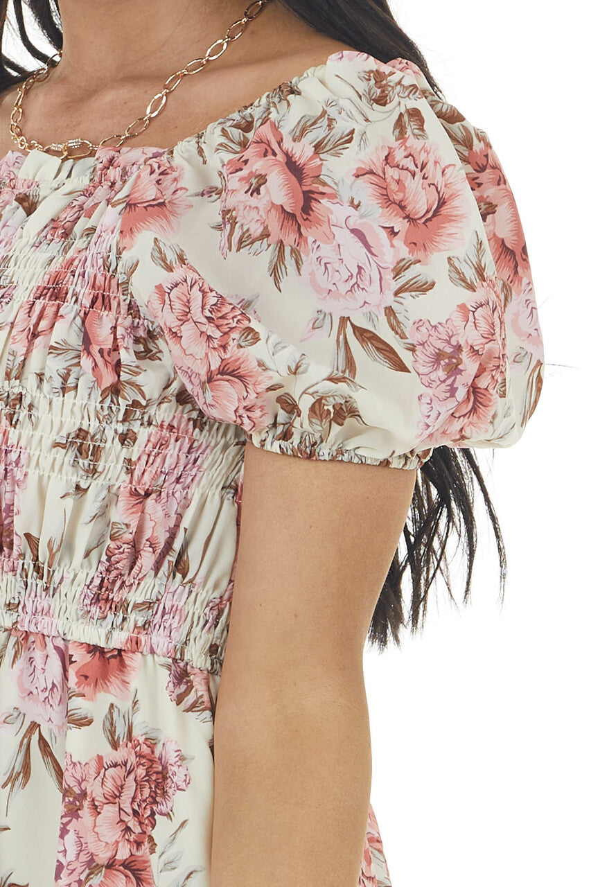 Dark Cream Floral Print Mini Dress with Smocked Bodice 