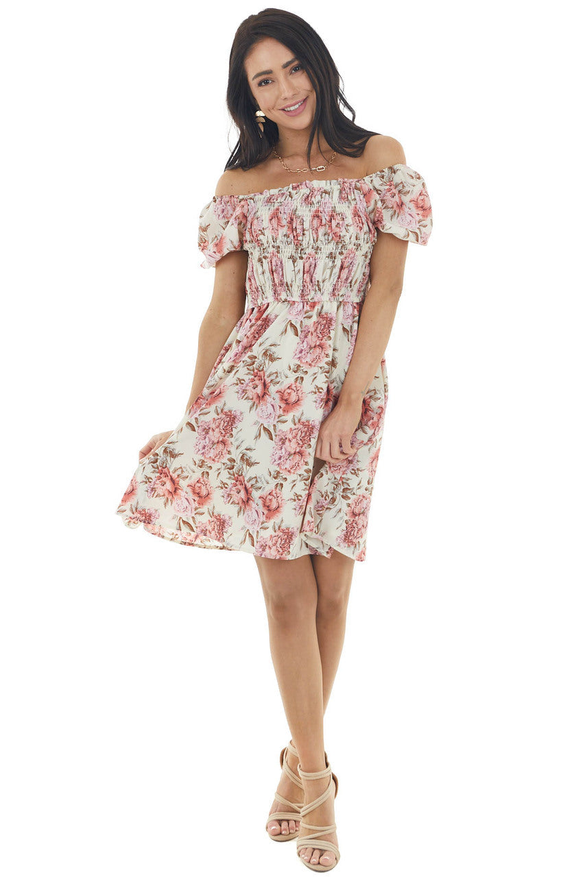 Dark Cream Floral Print Mini Dress with Smocked Bodice 