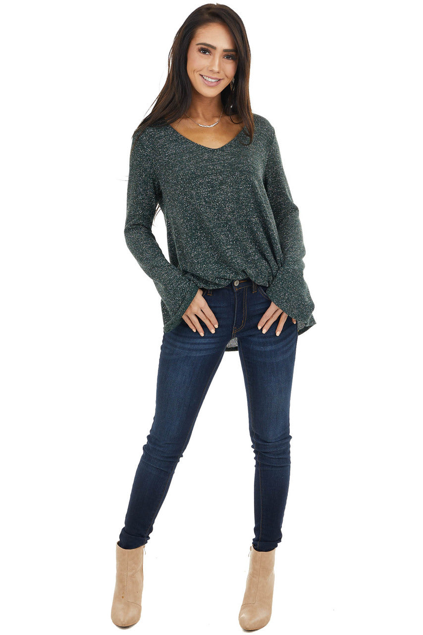 Dark Green Long Sleeve Top with Silver Thread Details