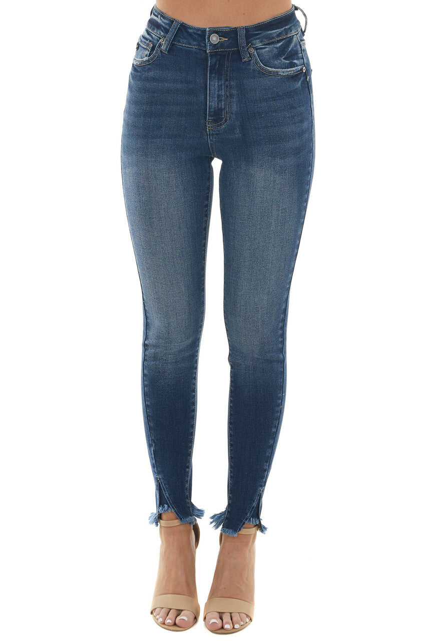Dark High Rise Frayed Slit Hem Skinny Jeans