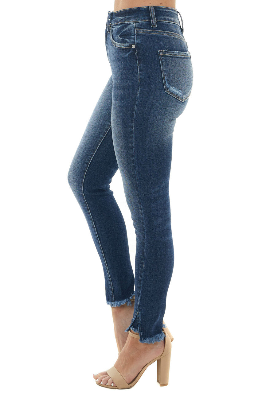 Dark High Rise Frayed Slit Hem Skinny Jeans