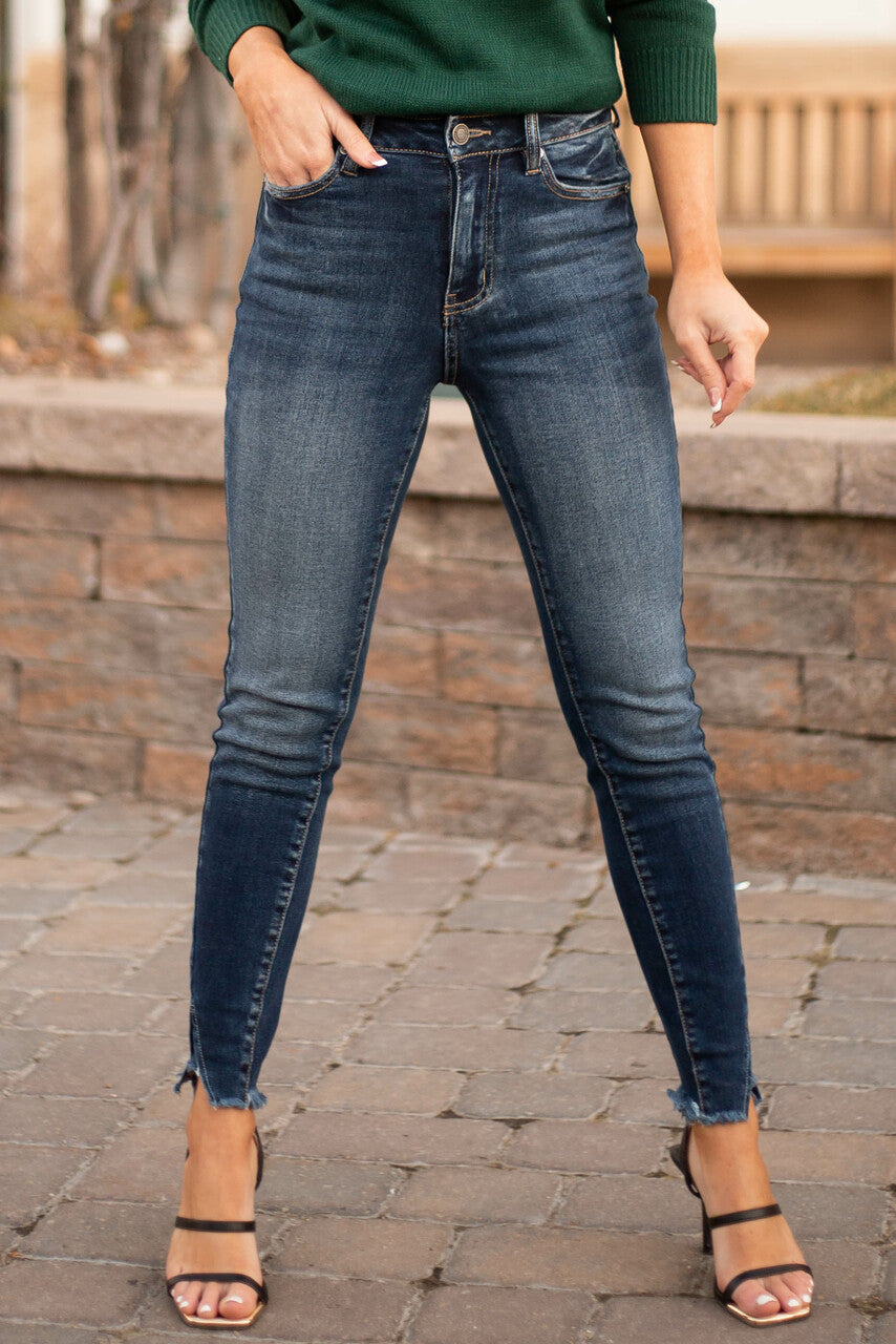 Dark High Rise Frayed Slit Hem Skinny Jeans