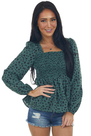 Dark Juniper Dalmatian Smocked Babydoll Blouse