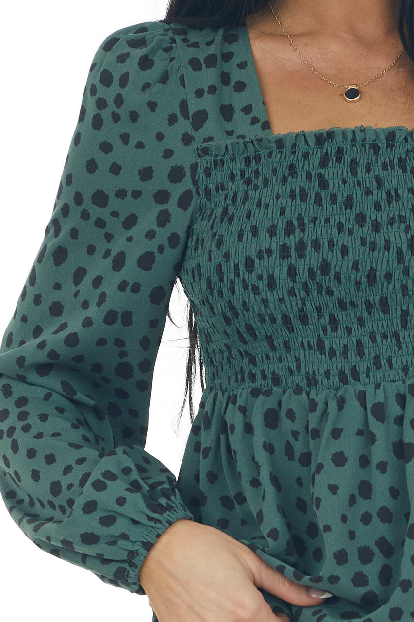 Dark Juniper Dalmatian Smocked Babydoll Blouse