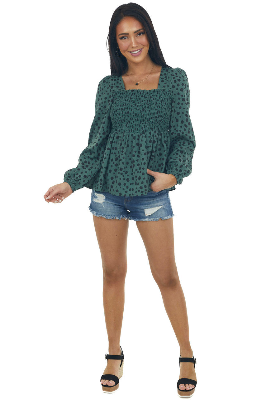 Dark Juniper Dalmatian Smocked Babydoll Blouse