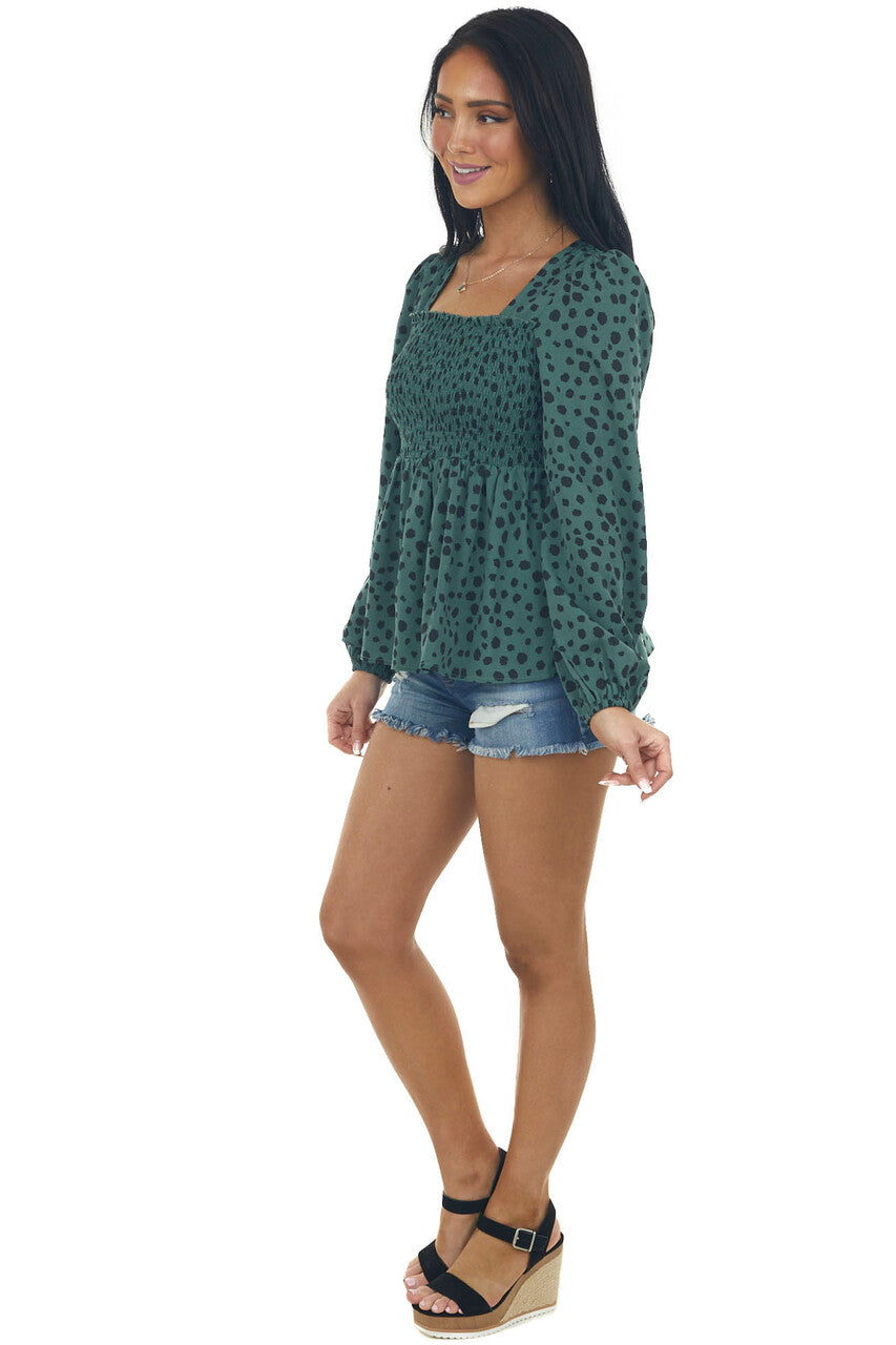 Dark Juniper Dalmatian Smocked Babydoll Blouse