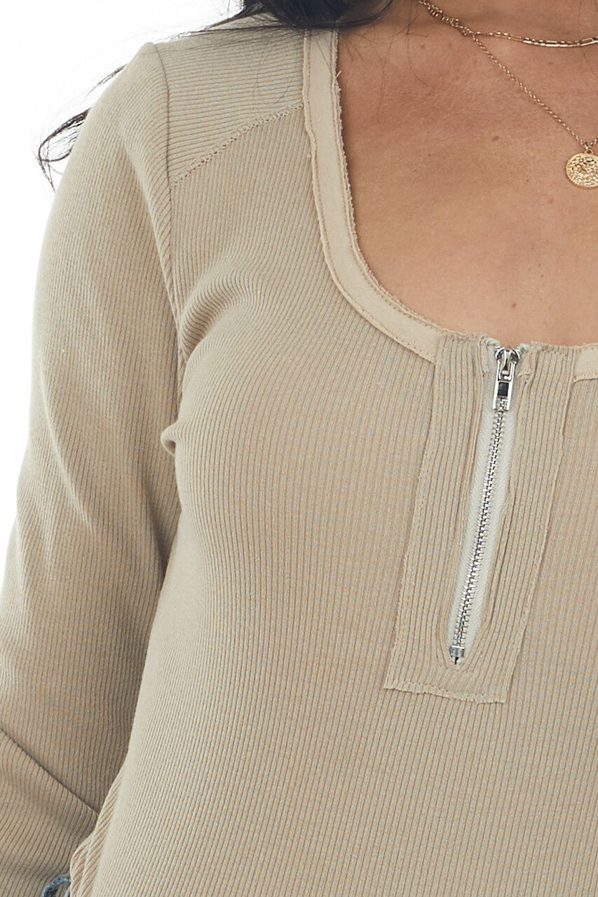 Dark Khaki Henley Zipper Long Sleeve Bodysuit 