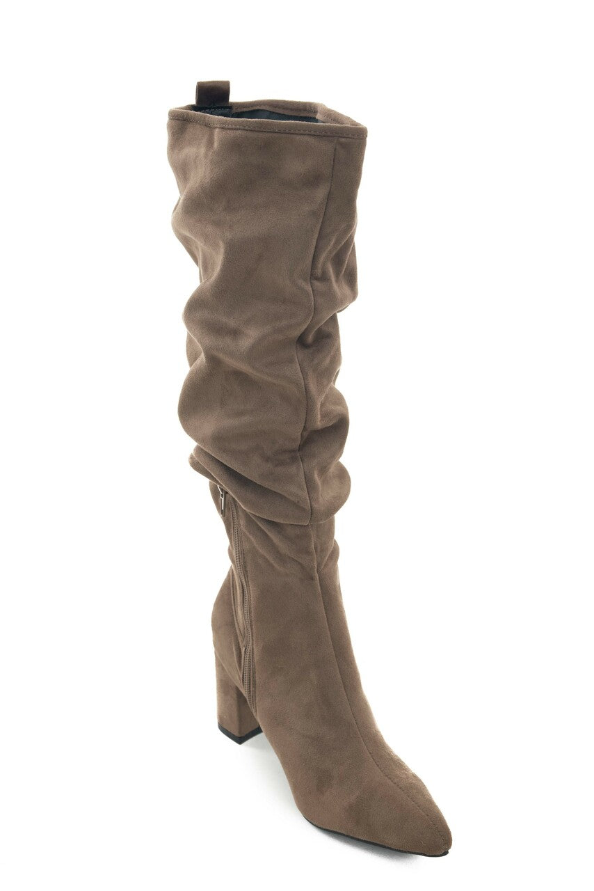Dark Latte Pointed Toe Slouchy High Heel Boots