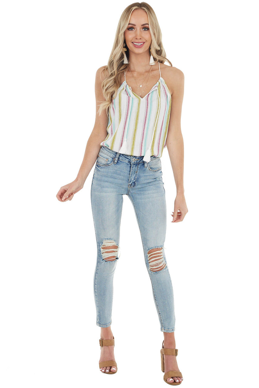 Dark Mauve Multicolor Striped Tank Top with Keyhole Detail 